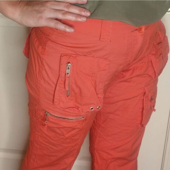 Lulu-B 10 Coral Red Full Length Roll Up Zipper Cargo Women’s Pants - Picture 2 of 14